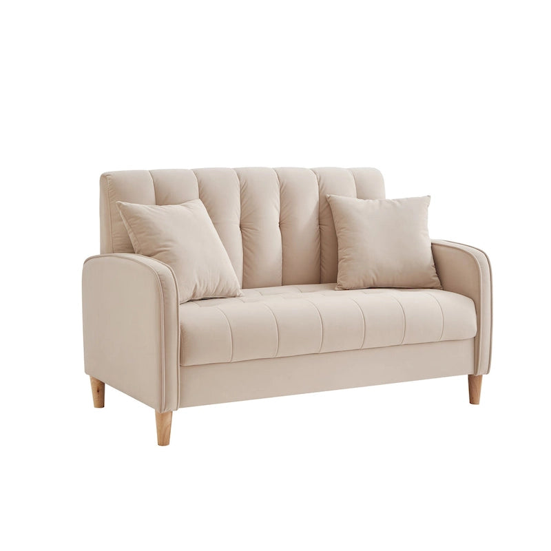Nowoczesna sofa do salonu, mała kanapa dwuosobowa, gładka, aksamitna tapicerka, pikowana, beżowa