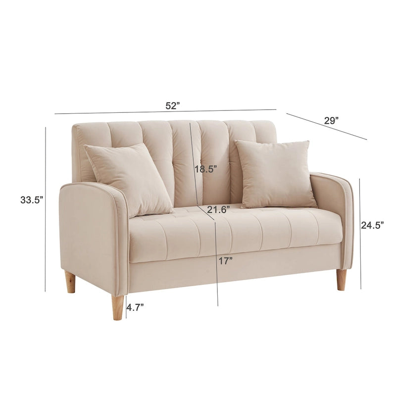 Nowoczesna sofa do salonu, mała kanapa dwuosobowa, gładka, aksamitna tapicerka, pikowana, beżowa