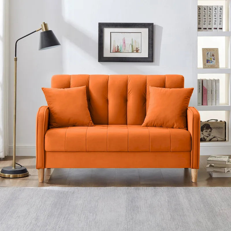 Nowoczesna sofa do salonu, mała kanapa dwuosobowa, gładka, aksamitna tapicerka, pikowana, beżowa