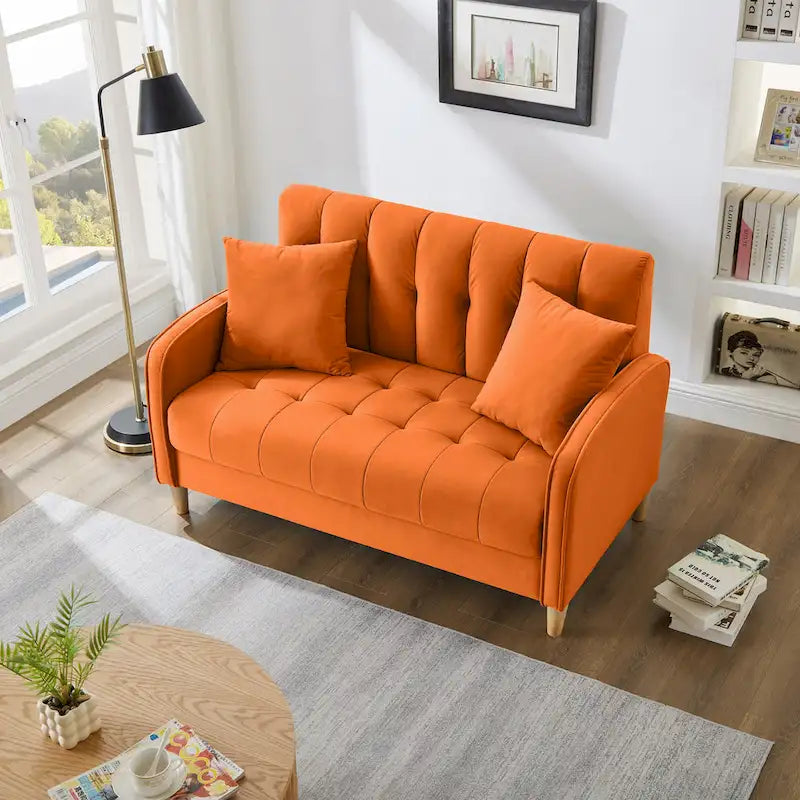 Nowoczesna sofa do salonu, mała kanapa dwuosobowa, gładka, aksamitna tapicerka, pikowana, beżowa