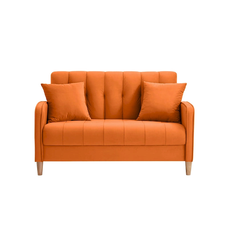 Nowoczesna sofa do salonu, mała kanapa dwuosobowa, gładka, aksamitna tapicerka, pikowana, beżowa