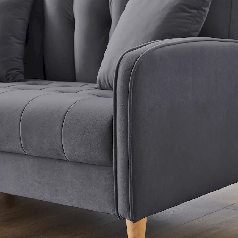 Nowoczesna sofa do salonu, mała kanapa dwuosobowa, gładka, aksamitna tapicerka, pikowana, beżowa