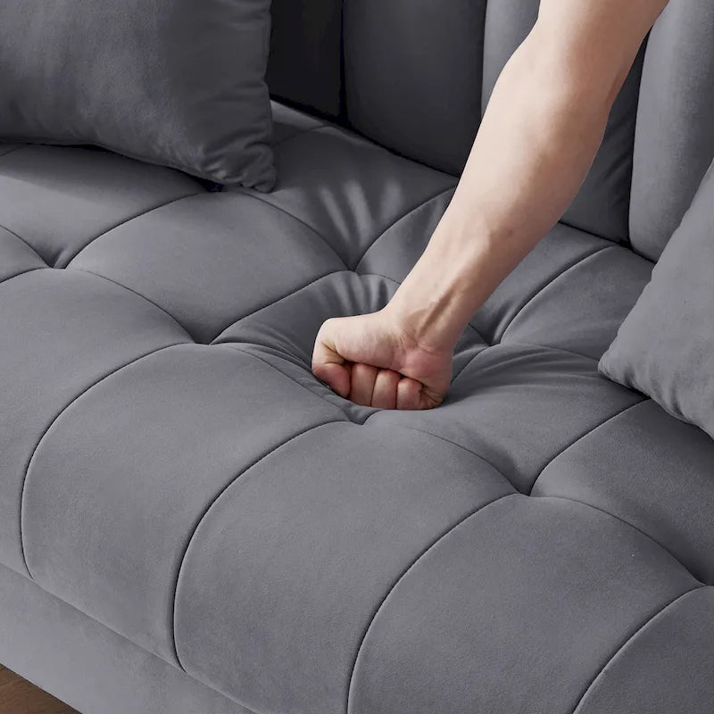 Nowoczesna sofa do salonu, mała kanapa dwuosobowa, gładka, aksamitna tapicerka, pikowana, beżowa