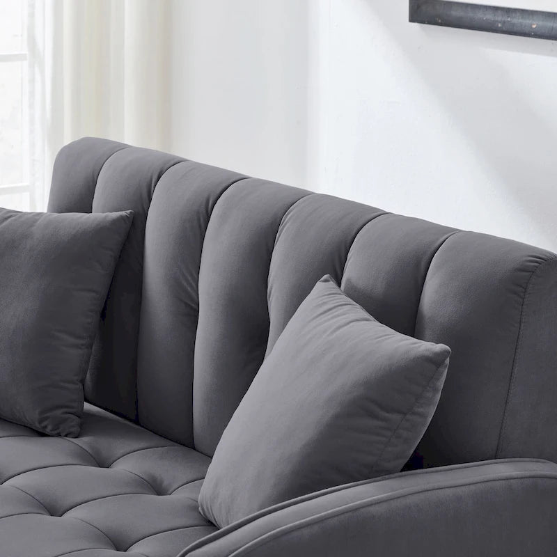 Nowoczesna sofa do salonu, mała kanapa dwuosobowa, gładka, aksamitna tapicerka, pikowana, beżowa