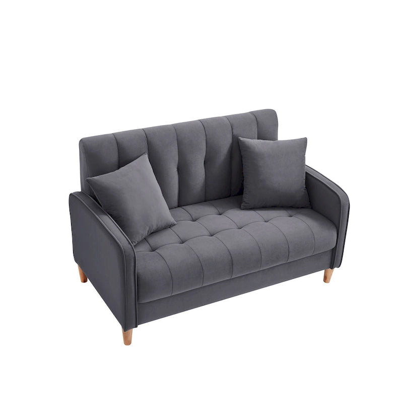 Nowoczesna sofa do salonu, mała kanapa dwuosobowa, gładka, aksamitna tapicerka, pikowana, beżowa