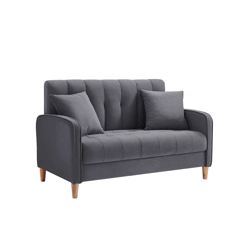 Nowoczesna sofa do salonu, mała kanapa dwuosobowa, gładka, aksamitna tapicerka, pikowana, beżowa