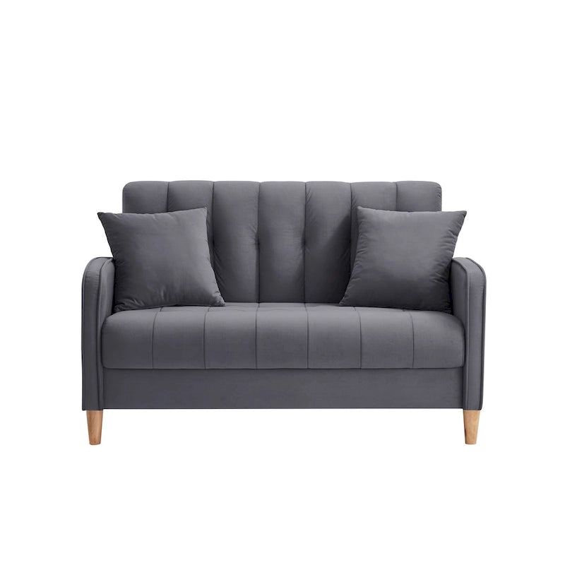 Nowoczesna sofa do salonu, mała kanapa dwuosobowa, gładka, aksamitna tapicerka, pikowana, beżowa