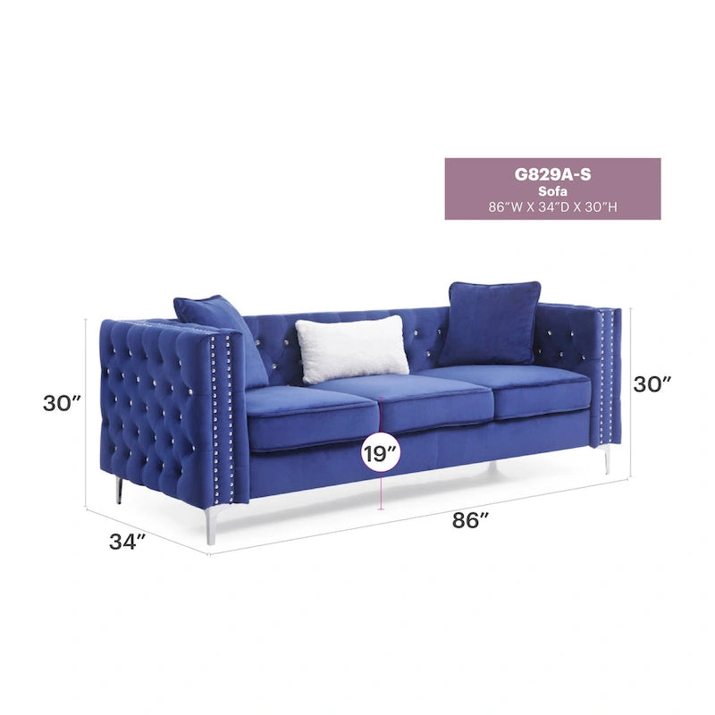 Paige sofa trzyosobowa welurowa pikowana 2 poduszki - 218,4 cm dł. x 86,4 cm szer. x 76,2 cm wys.
