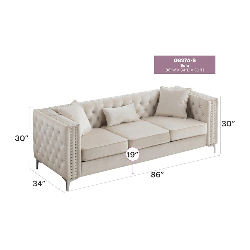 Paige sofa trzyosobowa welurowa pikowana 2 poduszki - 218,4 cm dł. x 86,4 cm szer. x 76,2 cm wys.