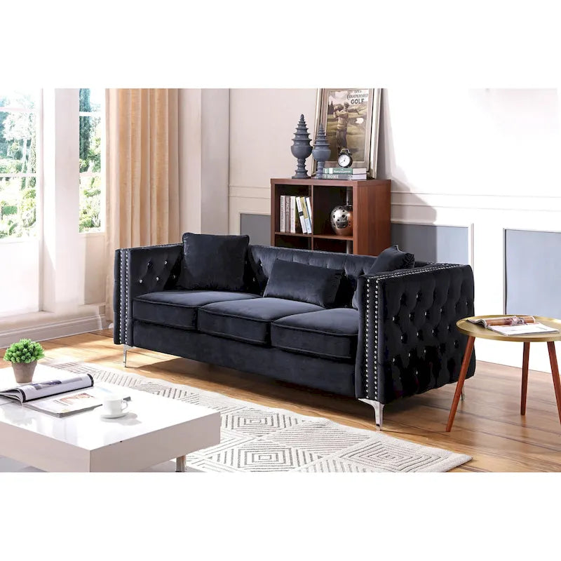 Paige sofa trzyosobowa welurowa pikowana 2 poduszki - 218,4 cm dł. x 86,4 cm szer. x 76,2 cm wys.