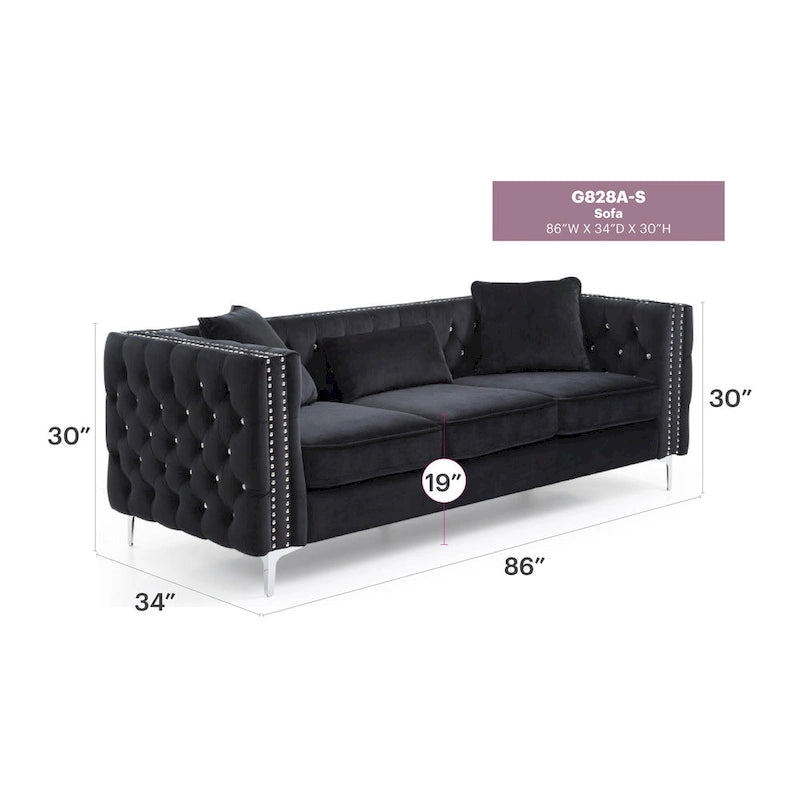 Paige sofa trzyosobowa welurowa pikowana 2 poduszki - 218,4 cm dł. x 86,4 cm szer. x 76,2 cm wys.