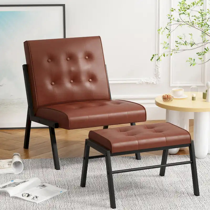 Fotel akcentujący bez podłokietników z podnóżkiem, tapicerowany skórą ekologiczną w stylu Mid-Century, szerokość 60 cm, pikowany