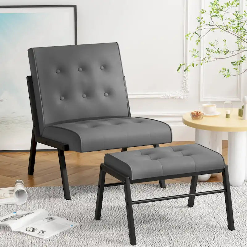 Fotel akcentujący bez podłokietników z podnóżkiem, tapicerowany skórą ekologiczną w stylu Mid-Century, szerokość 60 cm, pikowany