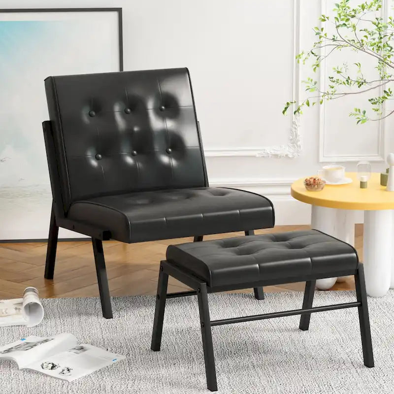 Fotel akcentujący bez podłokietników z podnóżkiem, tapicerowany skórą ekologiczną w stylu Mid-Century, szerokość 60 cm, pikowany