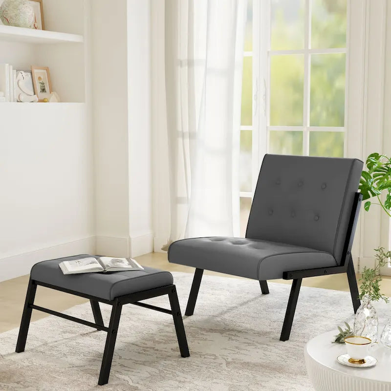 Fotel akcentujący bez podłokietników z podnóżkiem, tapicerowany skórą ekologiczną w stylu Mid-Century, szerokość 60 cm, pikowany