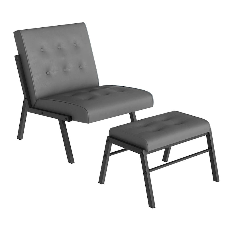Fotel akcentujący bez podłokietników z podnóżkiem, tapicerowany skórą ekologiczną w stylu Mid-Century, szerokość 60 cm, pikowany
