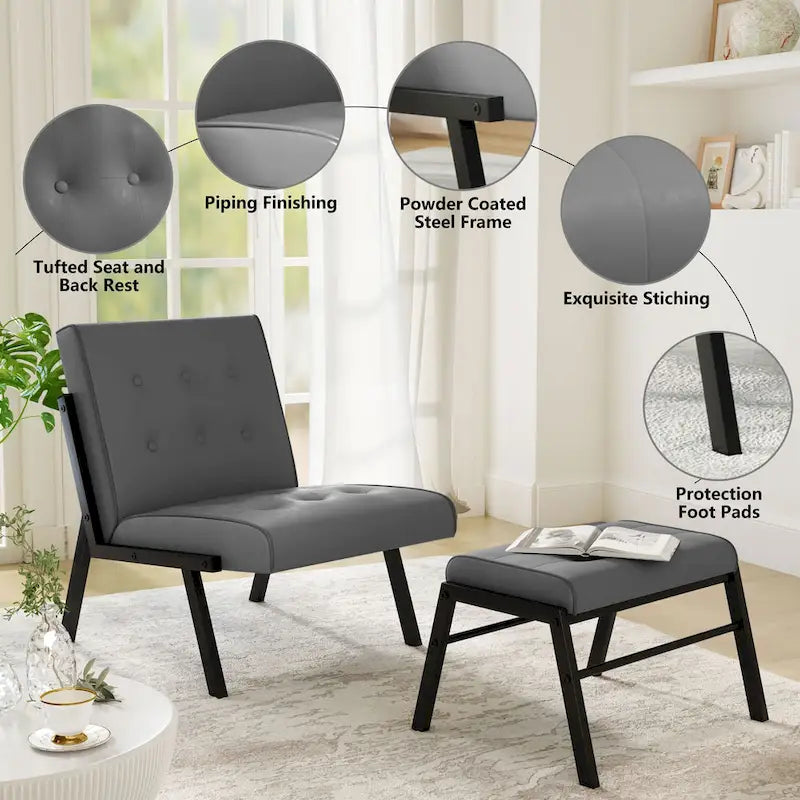 Fotel akcentujący bez podłokietników z podnóżkiem, tapicerowany skórą ekologiczną w stylu Mid-Century, szerokość 60 cm, pikowany