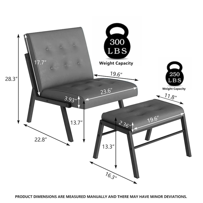 Fotel akcentujący bez podłokietników z podnóżkiem, tapicerowany skórą ekologiczną w stylu Mid-Century, szerokość 60 cm, pikowany
