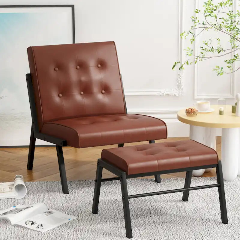 Fotel akcentujący bez podłokietników z podnóżkiem, tapicerowany skórą ekologiczną w stylu Mid-Century, szerokość 60 cm, pikowany
