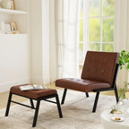 Fotel akcentujący bez podłokietników z podnóżkiem, tapicerowany skórą ekologiczną w stylu Mid-Century, szerokość 60 cm, pikowany