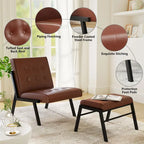 Fotel akcentujący bez podłokietników z podnóżkiem, tapicerowany skórą ekologiczną w stylu Mid-Century, szerokość 60 cm, pikowany