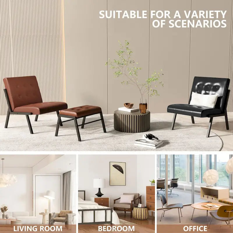 Fotel akcentujący bez podłokietników z podnóżkiem, tapicerowany skórą ekologiczną w stylu Mid-Century, szerokość 60 cm, pikowany