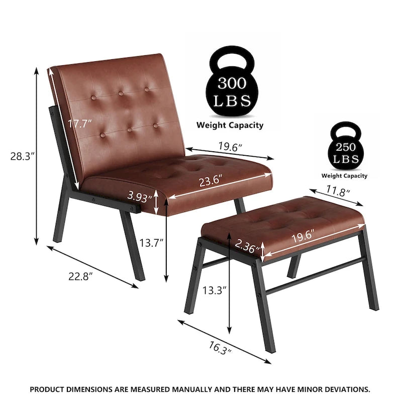 Fotel akcentujący bez podłokietników z podnóżkiem, tapicerowany skórą ekologiczną w stylu Mid-Century, szerokość 60 cm, pikowany