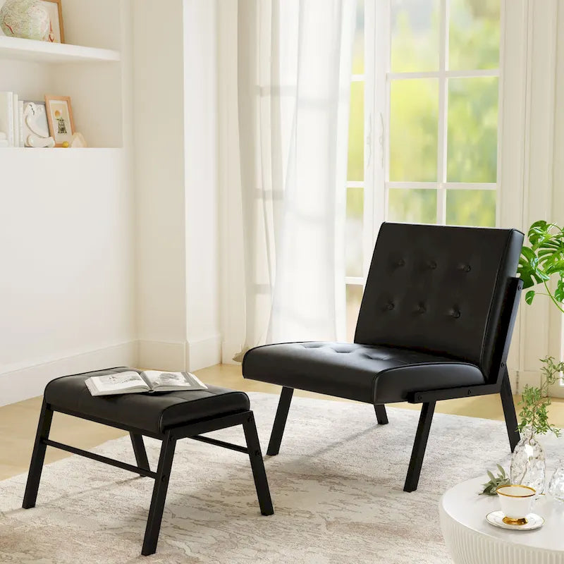 Fotel akcentujący bez podłokietników z podnóżkiem, tapicerowany skórą ekologiczną w stylu Mid-Century, szerokość 60 cm, pikowany