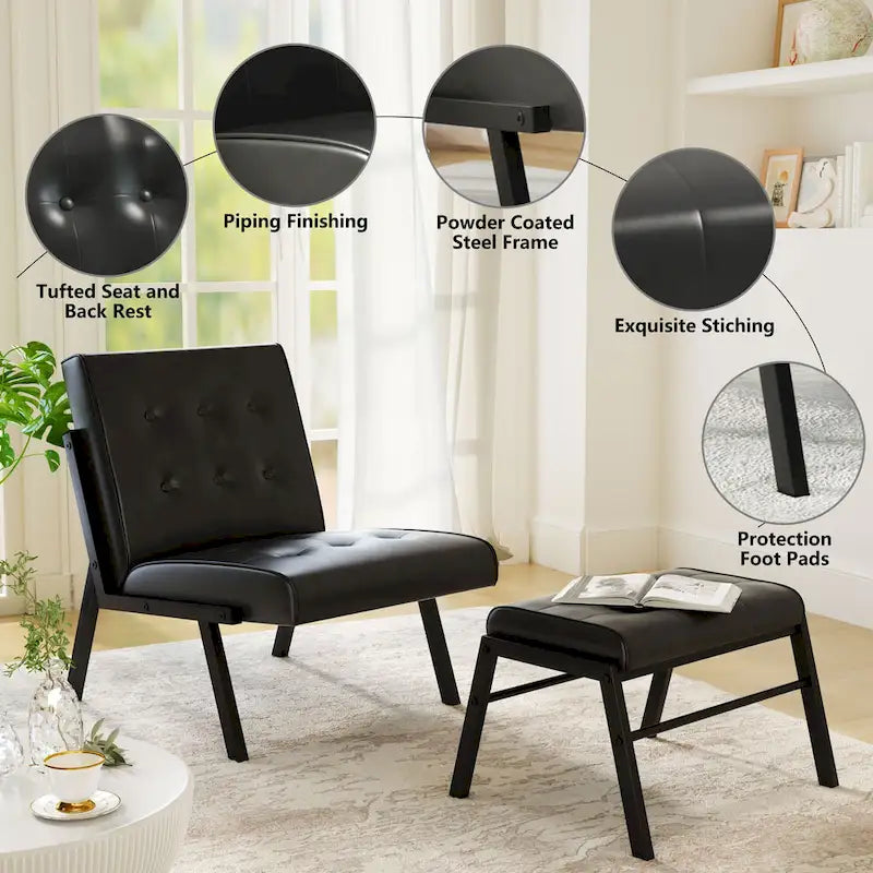 Fotel akcentujący bez podłokietników z podnóżkiem, tapicerowany skórą ekologiczną w stylu Mid-Century, szerokość 60 cm, pikowany