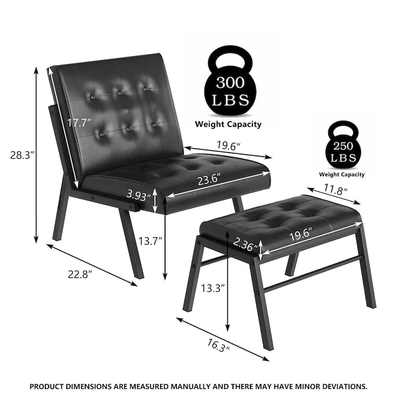 Fotel akcentujący bez podłokietników z podnóżkiem, tapicerowany skórą ekologiczną w stylu Mid-Century, szerokość 60 cm, pikowany