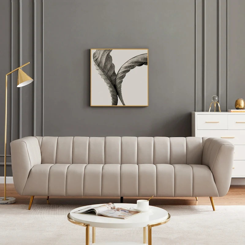 Wypoczynkowa sofa skórzana z włoskiej skóry licowej w stylu Mid-Century Modern – jasnoszara, do salonu