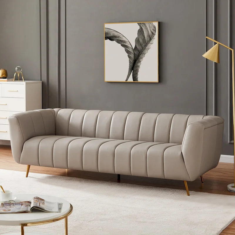 Wypoczynkowa sofa skórzana z włoskiej skóry licowej w stylu Mid-Century Modern – jasnoszara, do salonu