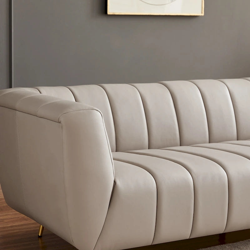 Wypoczynkowa sofa skórzana z włoskiej skóry licowej w stylu Mid-Century Modern – jasnoszara, do salonu