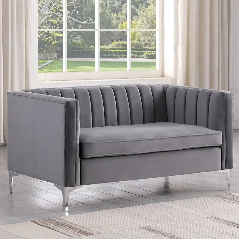 Tapicerowana sofa dwuosobowa – Nowoczesna sofa do salonu, szara, czarna, niebieska, beżowa