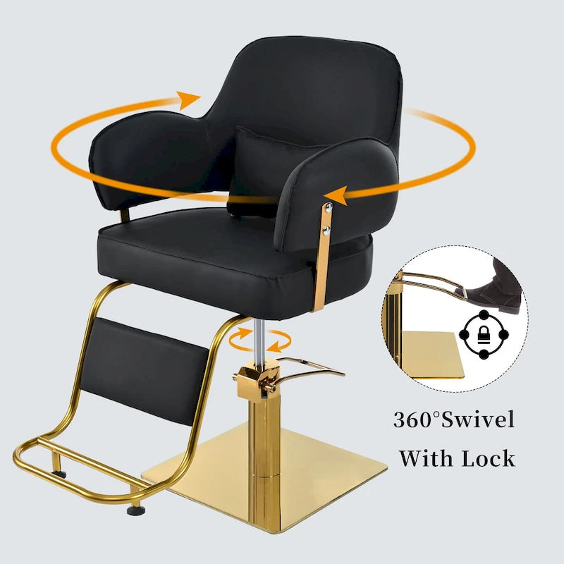 Obrotowe skórzane fotele barberskie w kolorze czarnym, ergonomiczny fotel fryzjerski z podłokietnikami, z wytrzymałą pompą hydrauliczną, regulowany