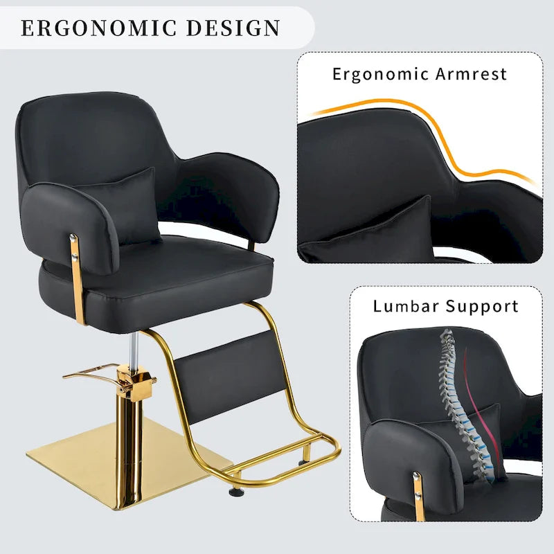 Obrotowe skórzane fotele barberskie w kolorze czarnym, ergonomiczny fotel fryzjerski z podłokietnikami, z wytrzymałą pompą hydrauliczną, regulowany