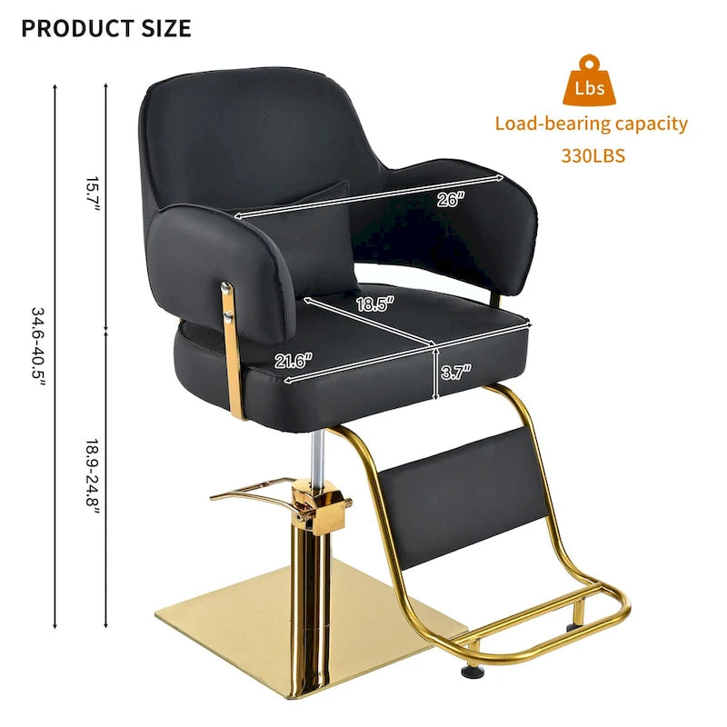 Obrotowe skórzane fotele barberskie w kolorze czarnym, ergonomiczny fotel fryzjerski z podłokietnikami, z wytrzymałą pompą hydrauliczną, regulowany