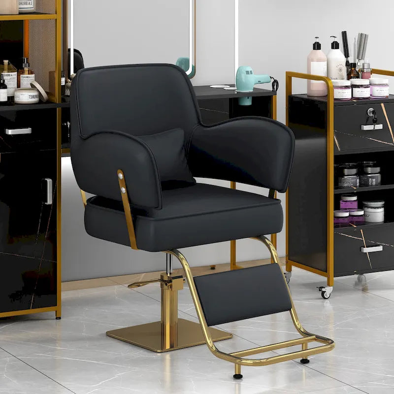 Obrotowe skórzane fotele barberskie w kolorze czarnym, ergonomiczny fotel fryzjerski z podłokietnikami, z wytrzymałą pompą hydrauliczną, regulowany