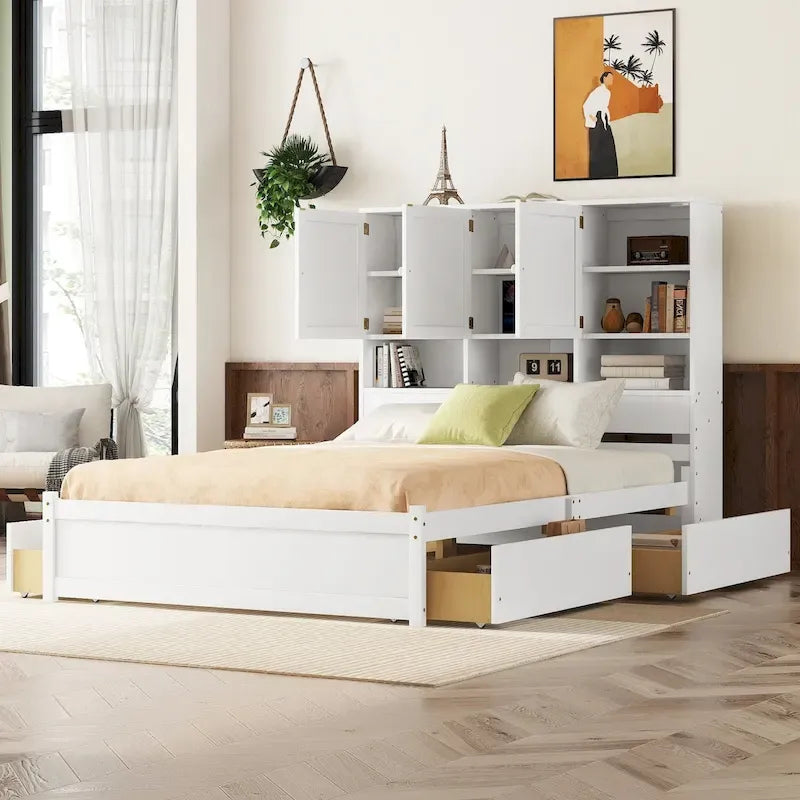 Łóżko platformowe Queen Size z zagłówkiem z miejscem do przechowywania i 4 szufladami
