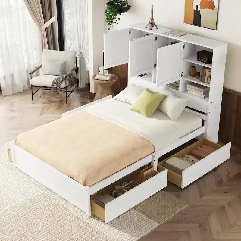 Łóżko platformowe Queen Size z zagłówkiem z miejscem do przechowywania i 4 szufladami