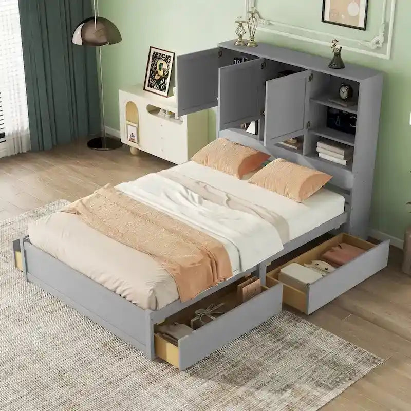 Łóżko platformowe Queen Size z zagłówkiem z miejscem do przechowywania i 4 szufladami
