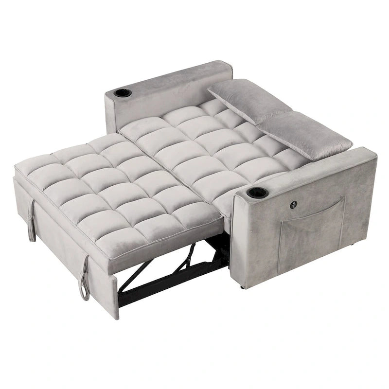 Aksamitna rozkładana sofa wielofunkcyjna z uchwytem na kubki i portem USB