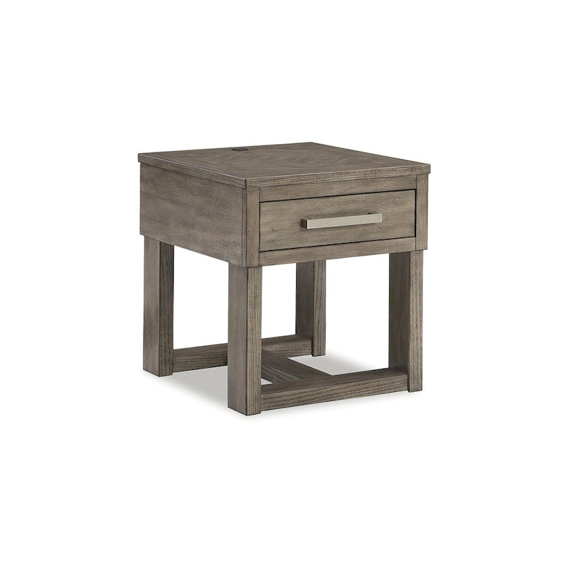 Stolik boczny z blatem z forniru drewnianego – 56 cm szer. x 61 cm gł. x 61 cm wys., wykończenie szarobrązowe i białe