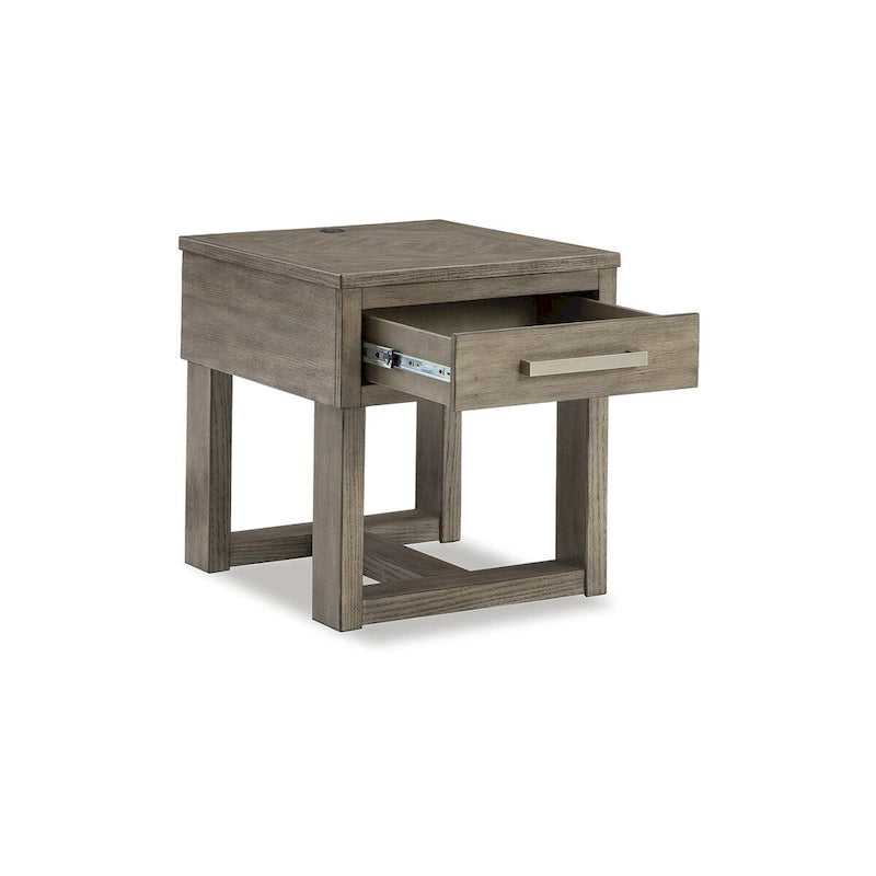Stolik boczny z blatem z forniru drewnianego – 56 cm szer. x 61 cm gł. x 61 cm wys., wykończenie szarobrązowe i białe