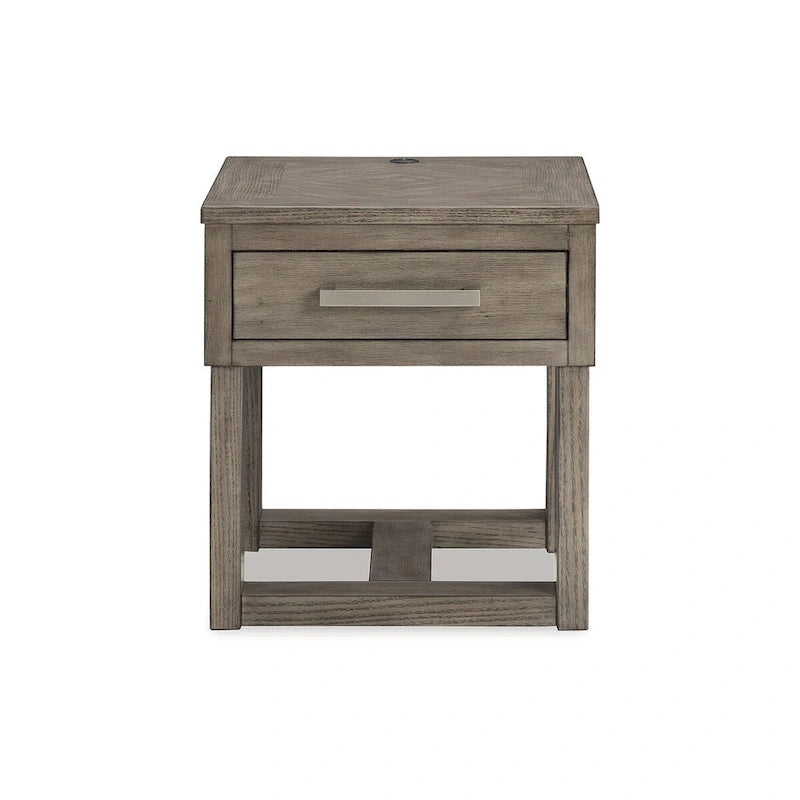Stolik boczny z blatem z forniru drewnianego – 56 cm szer. x 61 cm gł. x 61 cm wys., wykończenie szarobrązowe i białe