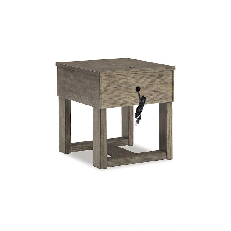 Stolik boczny z blatem z forniru drewnianego – 56 cm szer. x 61 cm gł. x 61 cm wys., wykończenie szarobrązowe i białe
